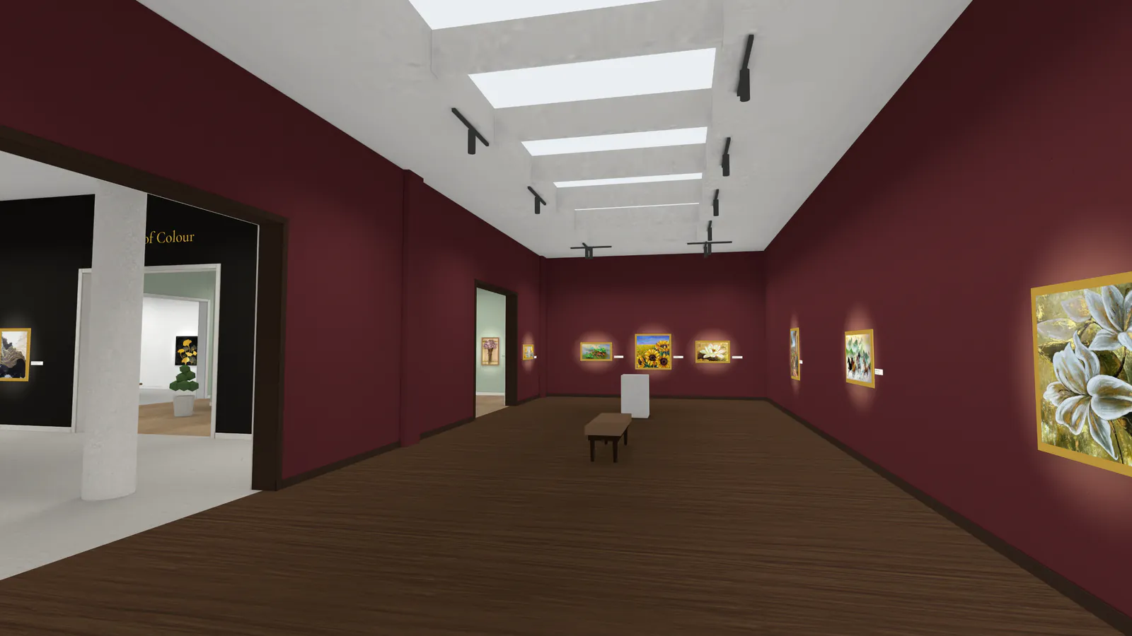 Inside the wewalls 3D gallery: a long room with deep red walls and gold-framed paintings, lit from a skylight